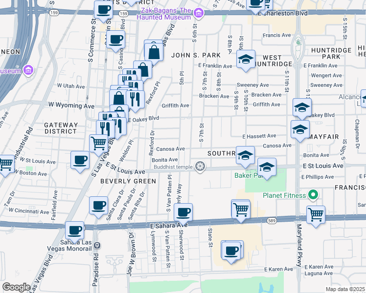 map of restaurants, bars, coffee shops, grocery stores, and more near 1819 South Beverly Way in Las Vegas