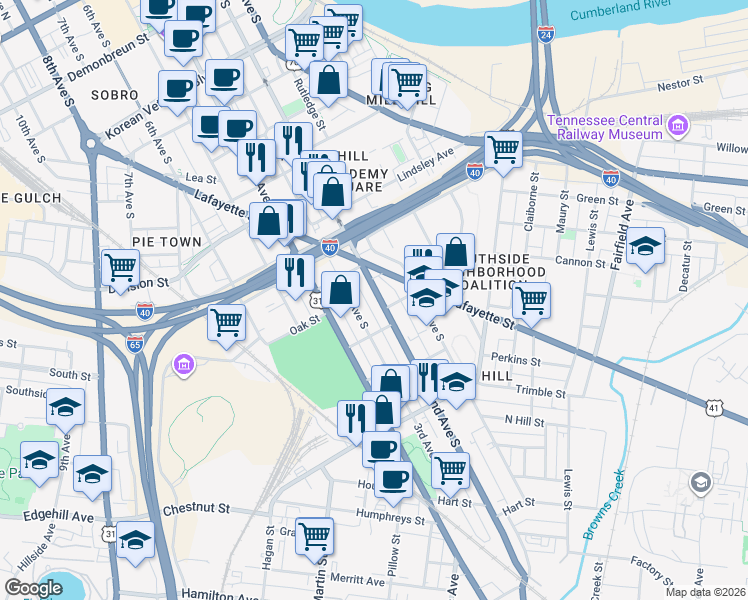 map of restaurants, bars, coffee shops, grocery stores, and more near 1023B 2nd Avenue South in Nashville