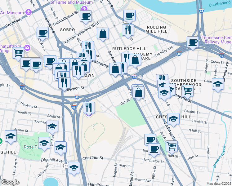 map of restaurants, bars, coffee shops, grocery stores, and more near Interstate 40 in Nashville