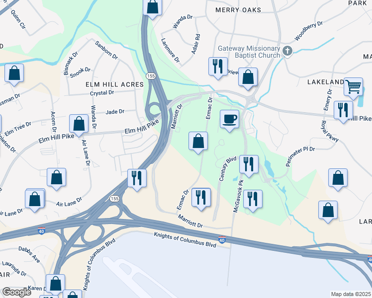 map of restaurants, bars, coffee shops, grocery stores, and more near 545 Marriott Drive in Nashville