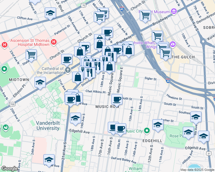 map of restaurants, bars, coffee shops, grocery stores, and more near 807 18th Avenue South in Nashville