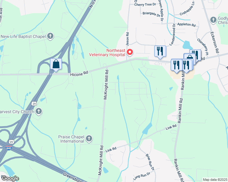 map of restaurants, bars, coffee shops, grocery stores, and more near 207 Wolfburn Court in Greensboro