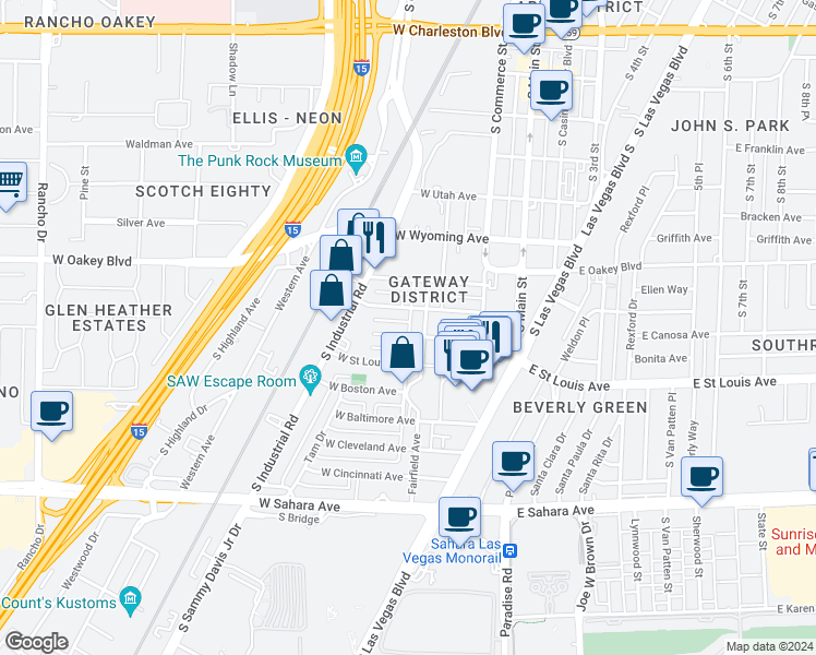 map of restaurants, bars, coffee shops, grocery stores, and more near 200 West Chicago Avenue in Las Vegas