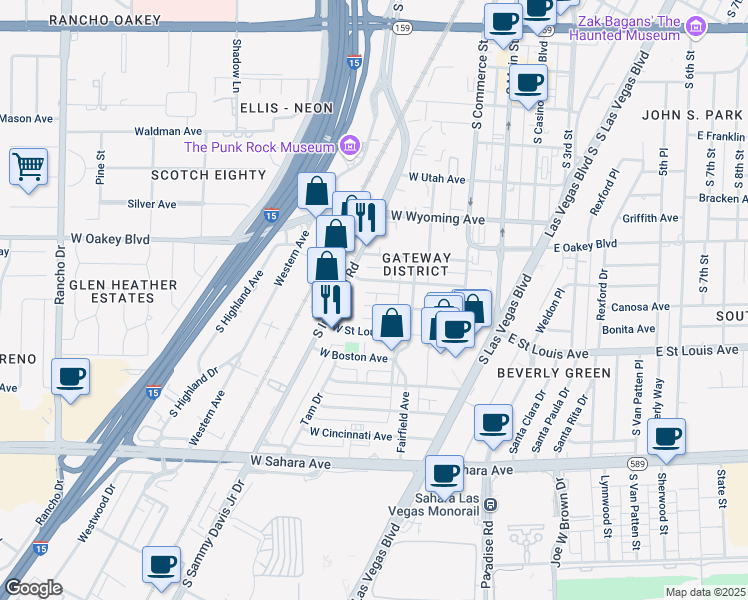 map of restaurants, bars, coffee shops, grocery stores, and more near 233 West Chicago Avenue in Las Vegas