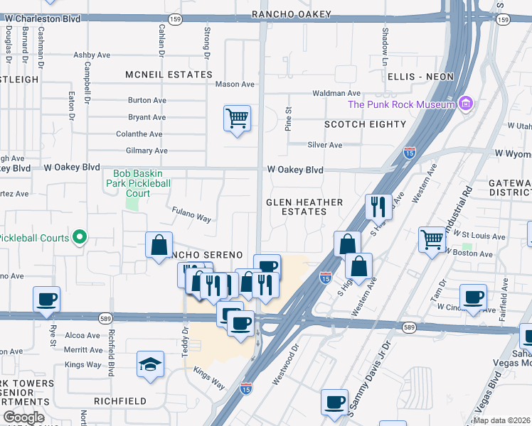 map of restaurants, bars, coffee shops, grocery stores, and more near 1501 Bryn Mawr Avenue in Las Vegas