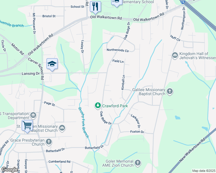 map of restaurants, bars, coffee shops, grocery stores, and more near 4453 Oak Ridge Drive in Winston-Salem