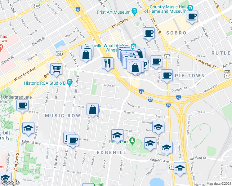 map of restaurants, bars, coffee shops, grocery stores, and more near 1203 Sigler Street in Nashville
