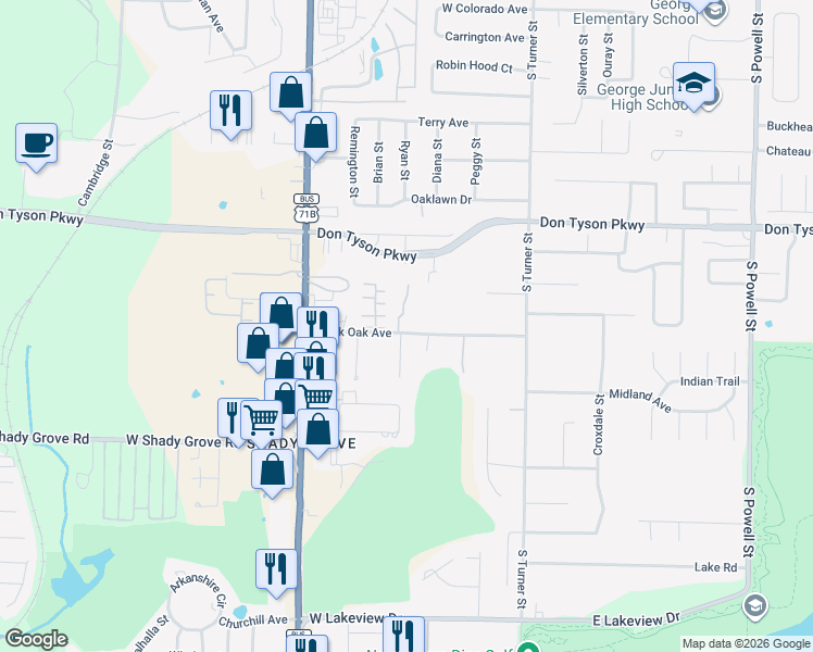 map of restaurants, bars, coffee shops, grocery stores, and more near 500 Black Oak Avenue in Springdale