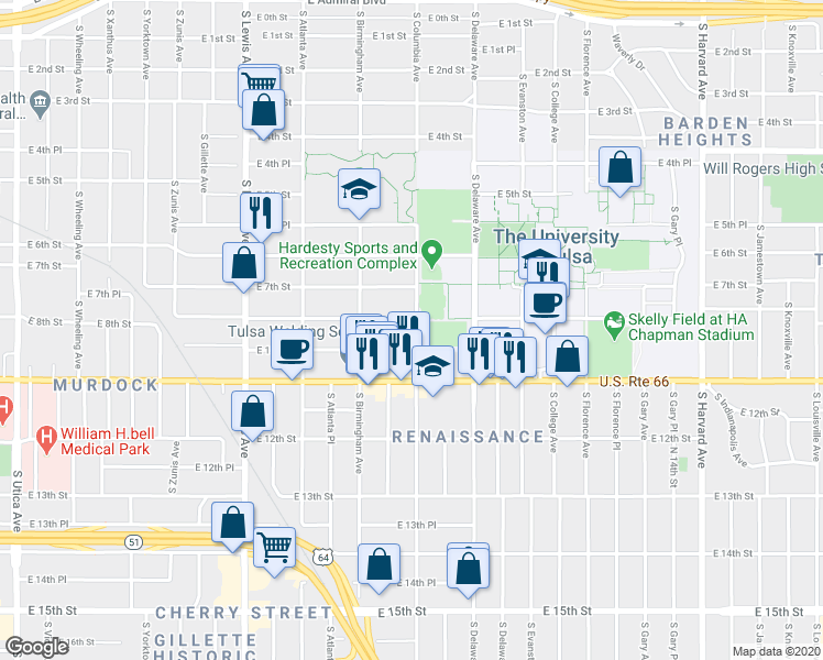 map of restaurants, bars, coffee shops, grocery stores, and more near 2639 East 8th Street in Tulsa