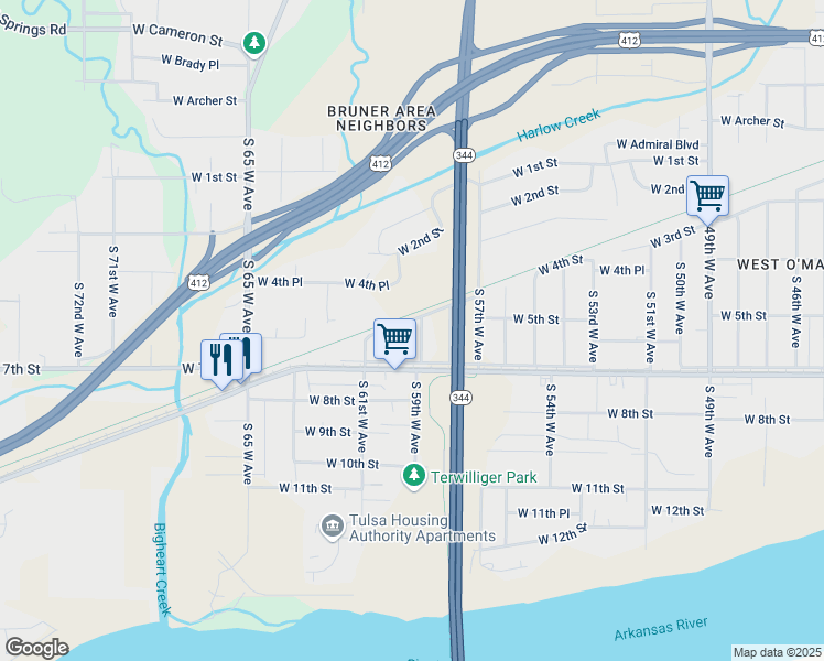 map of restaurants, bars, coffee shops, grocery stores, and more near 403 South 59th West Avenue in Tulsa