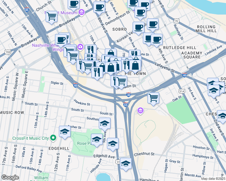 map of restaurants, bars, coffee shops, grocery stores, and more near 777 8th Avenue South in Nashville