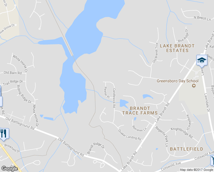 map of restaurants, bars, coffee shops, grocery stores, and more near 2620 Pewter Place in Greensboro