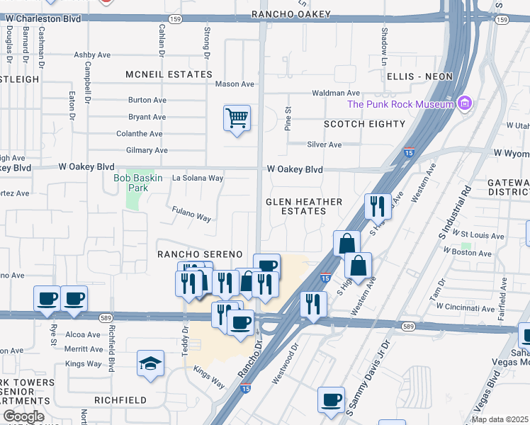 map of restaurants, bars, coffee shops, grocery stores, and more near 1501 Bryn Mawr Avenue in Las Vegas
