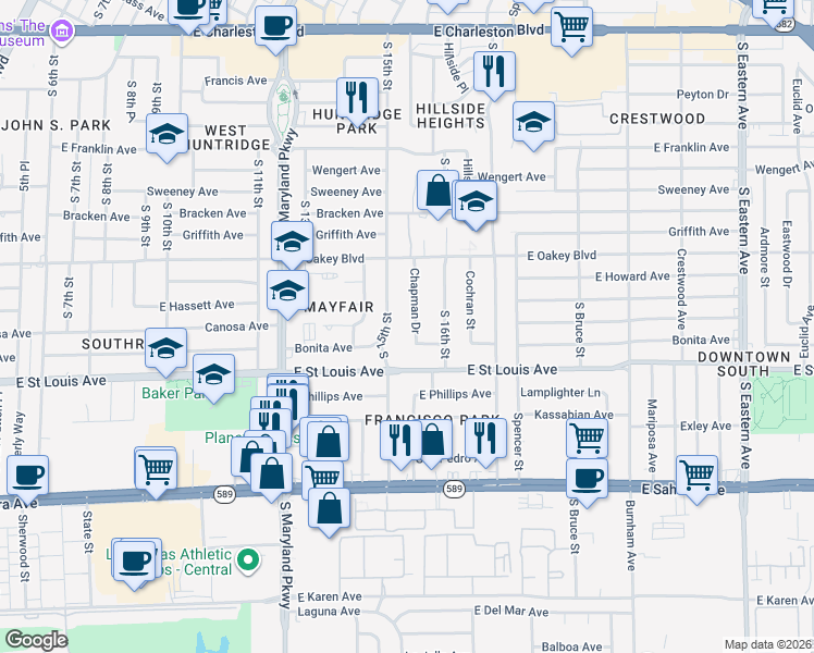 map of restaurants, bars, coffee shops, grocery stores, and more near 1816 Chapman Drive in Las Vegas