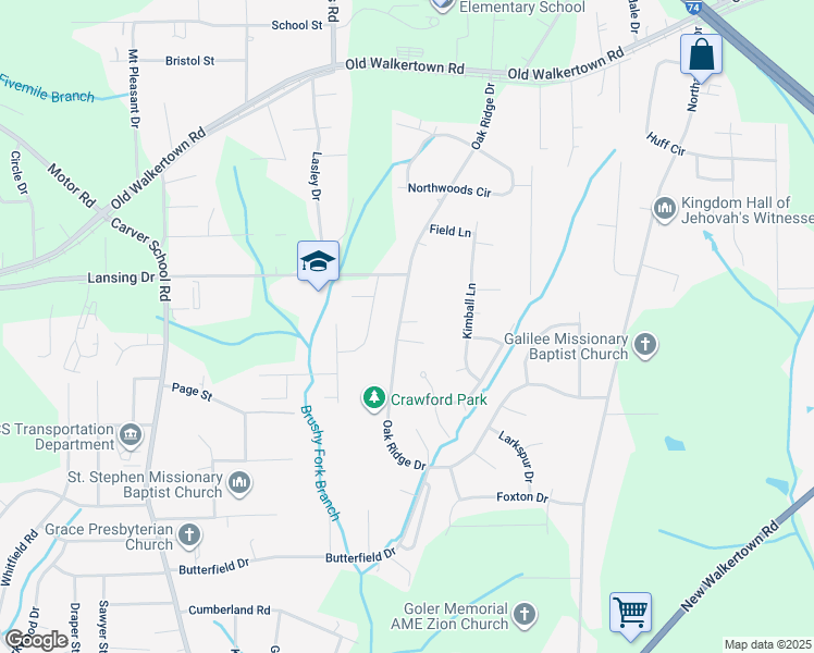 map of restaurants, bars, coffee shops, grocery stores, and more near 4453 Oak Ridge Drive in Winston-Salem