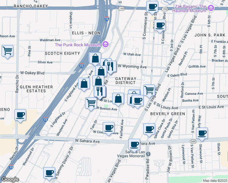 map of restaurants, bars, coffee shops, grocery stores, and more near 232 West Philadelphia Avenue in Las Vegas