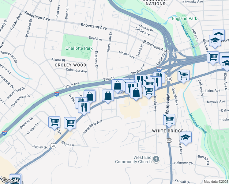 map of restaurants, bars, coffee shops, grocery stores, and more near 5922 Obrien Avenue in Nashville