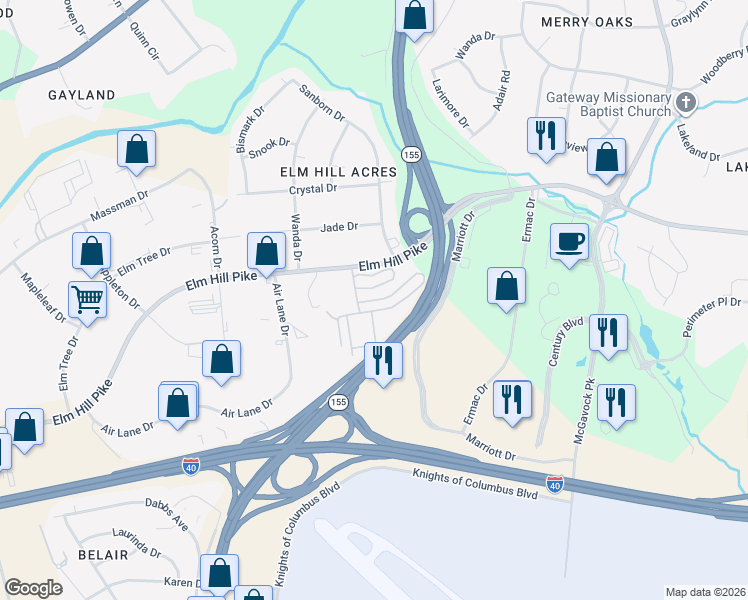 map of restaurants, bars, coffee shops, grocery stores, and more near 2131 Elm Hill Pike in Nashville