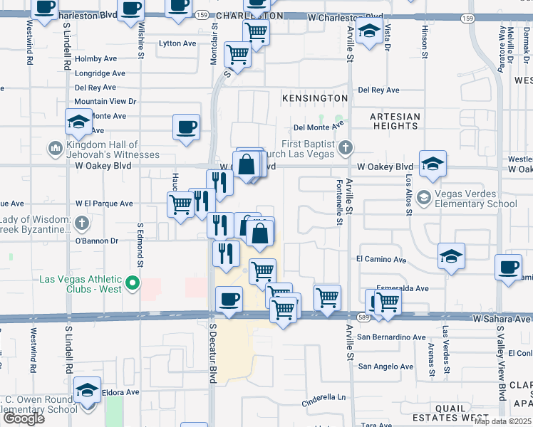 map of restaurants, bars, coffee shops, grocery stores, and more near 4742 O'Bannon Drive in Las Vegas