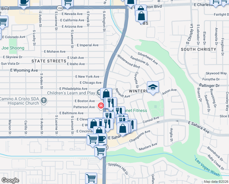 map of restaurants, bars, coffee shops, grocery stores, and more near 5026 Village Drive in Las Vegas