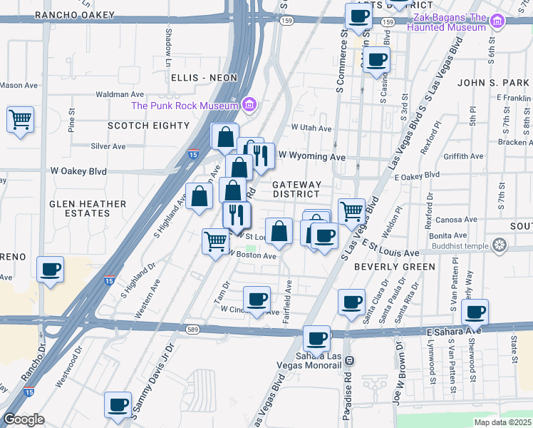 map of restaurants, bars, coffee shops, grocery stores, and more near 233 West Chicago Avenue in Las Vegas
