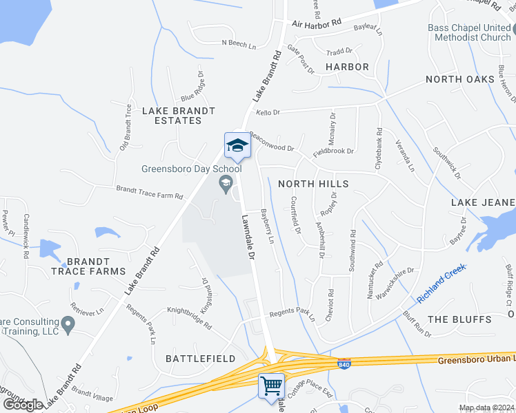 map of restaurants, bars, coffee shops, grocery stores, and more near 5301 Bayberry Lane in Greensboro