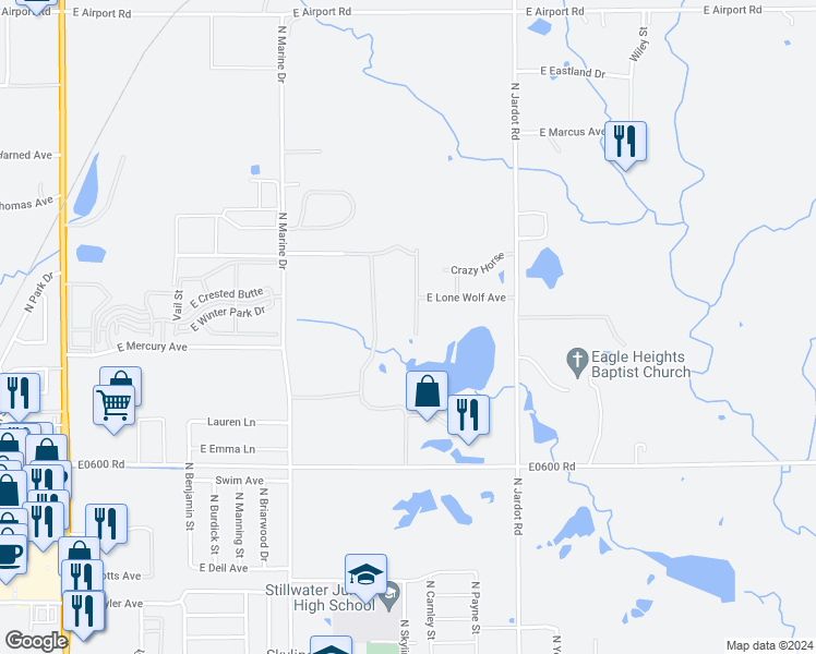 map of restaurants, bars, coffee shops, grocery stores, and more near 2714 North Running Bear Street in Stillwater