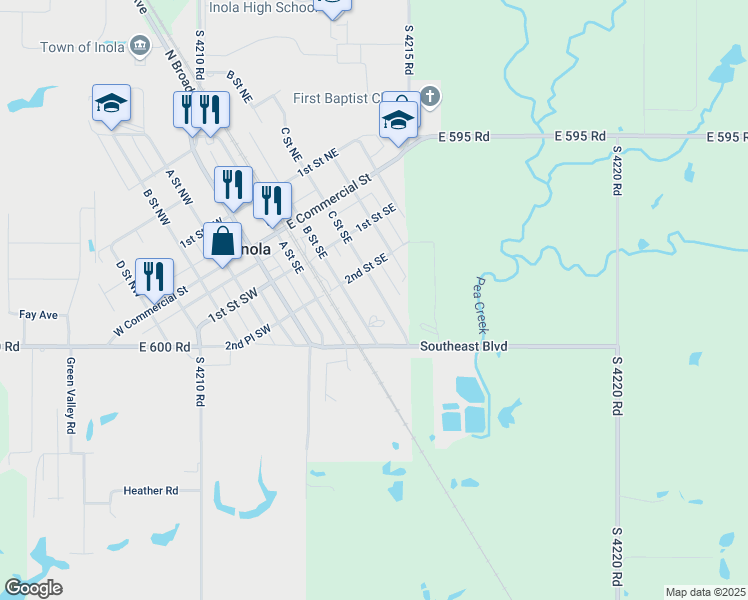 map of restaurants, bars, coffee shops, grocery stores, and more near 225 C Street Southeast in Inola