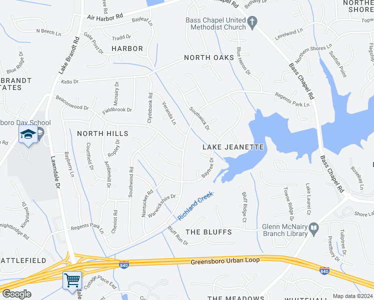 map of restaurants, bars, coffee shops, grocery stores, and more near 2107 Regents Park Lane in Greensboro