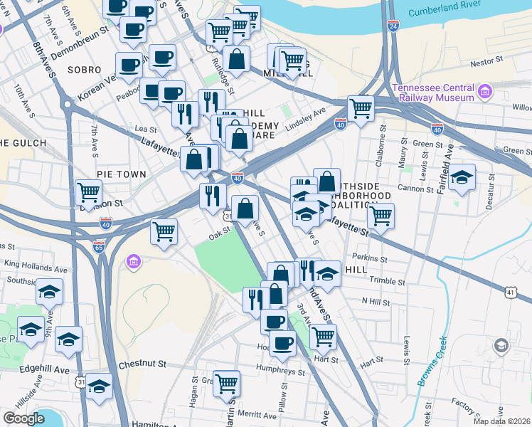 map of restaurants, bars, coffee shops, grocery stores, and more near in Nashville