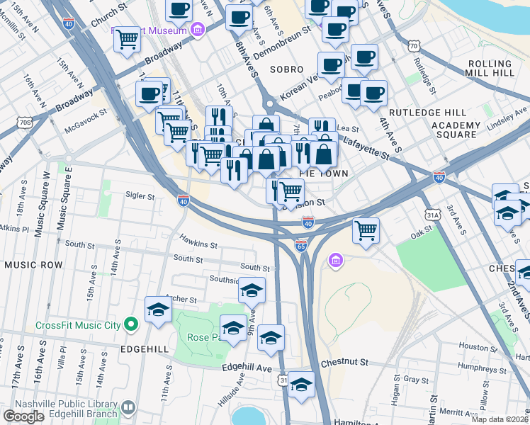 map of restaurants, bars, coffee shops, grocery stores, and more near 711 8th Avenue South in Nashville