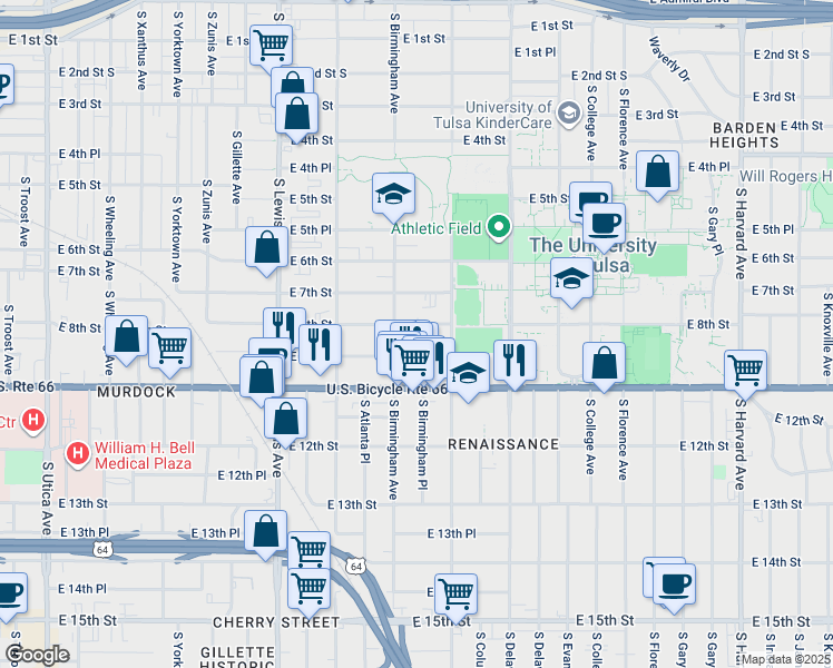 map of restaurants, bars, coffee shops, grocery stores, and more near 2605 East 8th Street in Tulsa