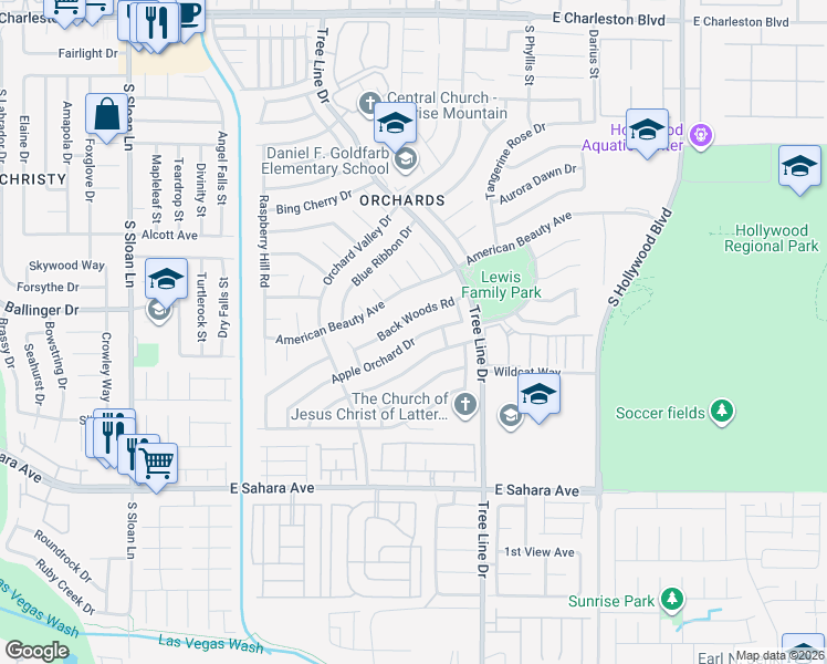 map of restaurants, bars, coffee shops, grocery stores, and more near 6276 Back Woods Road in Las Vegas