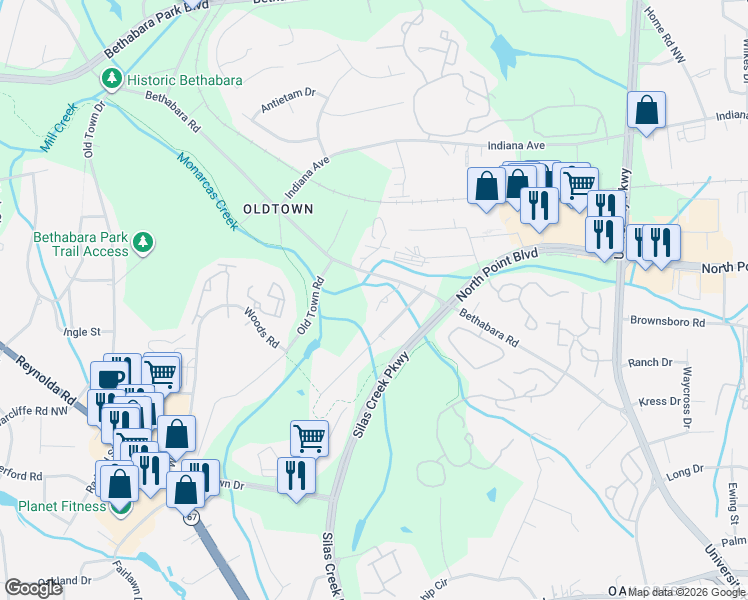 map of restaurants, bars, coffee shops, grocery stores, and more near 1062 Hickory Glen Road in Winston-Salem