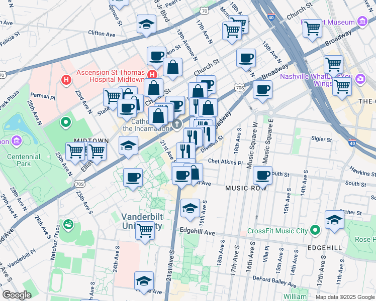 map of restaurants, bars, coffee shops, grocery stores, and more near 2006 Broadway in Nashville