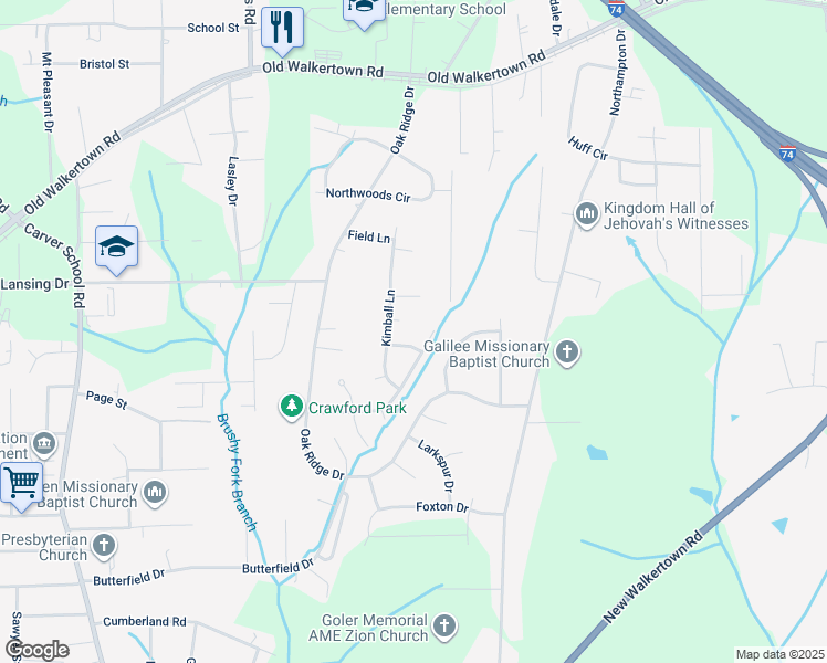 map of restaurants, bars, coffee shops, grocery stores, and more near 305 Merrywood Drive in Winston-Salem