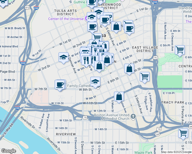 map of restaurants, bars, coffee shops, grocery stores, and more near in Tulsa