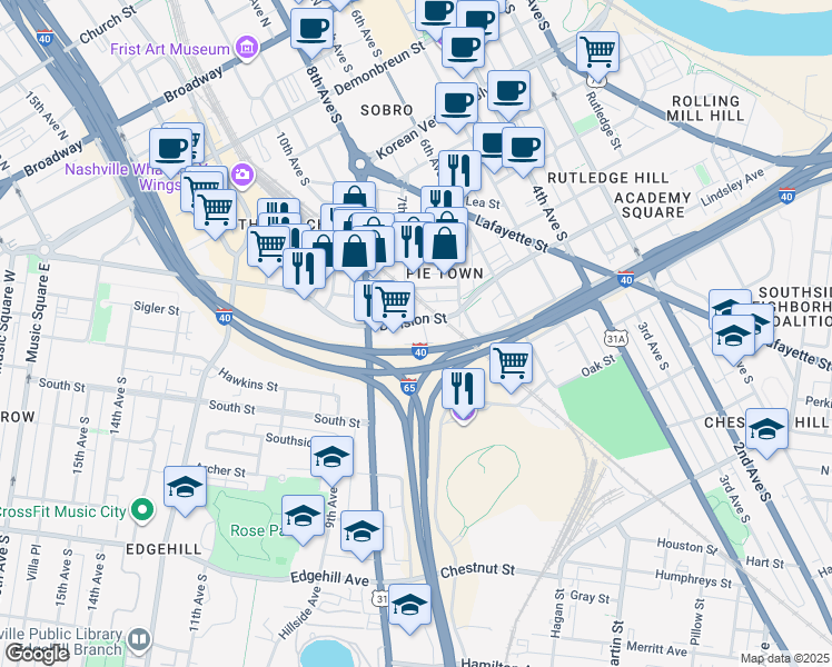 map of restaurants, bars, coffee shops, grocery stores, and more near 645 Division Street in Nashville