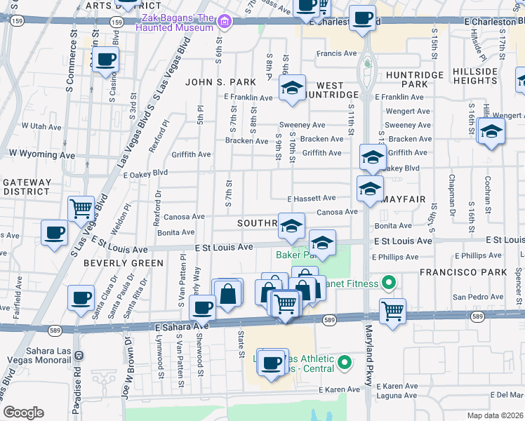 map of restaurants, bars, coffee shops, grocery stores, and more near 817 Canosa Avenue in Las Vegas