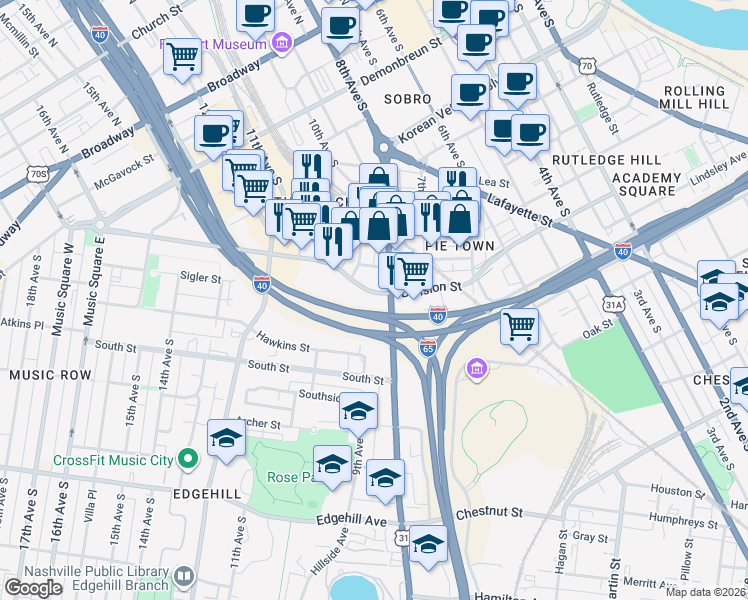 map of restaurants, bars, coffee shops, grocery stores, and more near 803 Division Street in Nashville