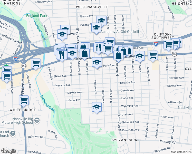 map of restaurants, bars, coffee shops, grocery stores, and more near 4807 Elkins Avenue in Nashville