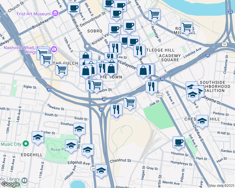 map of restaurants, bars, coffee shops, grocery stores, and more near 800-944 Vine Street in Nashville