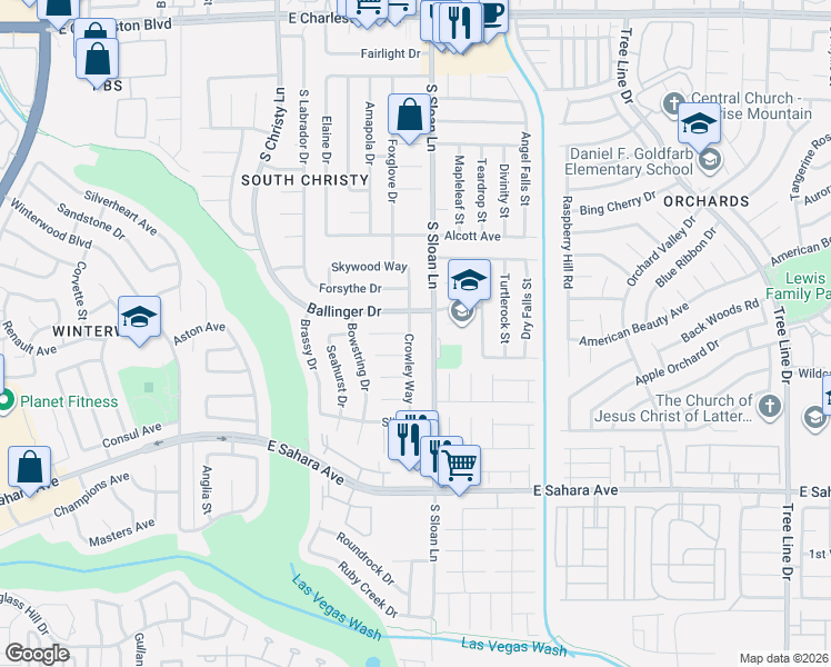 map of restaurants, bars, coffee shops, grocery stores, and more near 5775 Ballinger Drive in Las Vegas