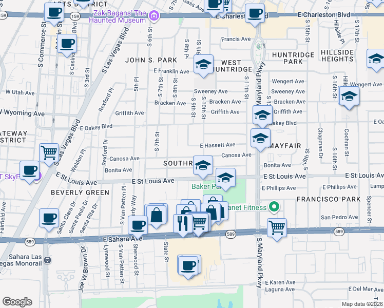map of restaurants, bars, coffee shops, grocery stores, and more near 1816 South 9th Street in Las Vegas