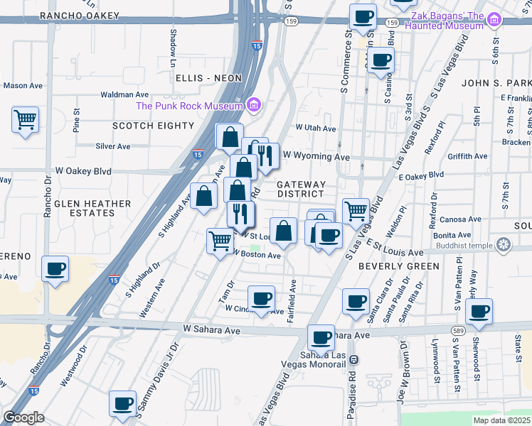 map of restaurants, bars, coffee shops, grocery stores, and more near 233 West Chicago Avenue in Las Vegas