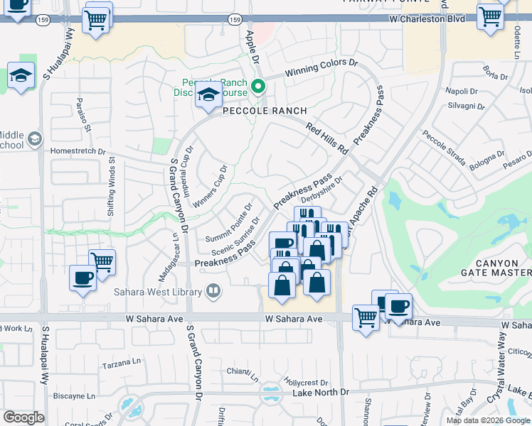 map of restaurants, bars, coffee shops, grocery stores, and more near 9408 Scenic Sunset Drive in Las Vegas