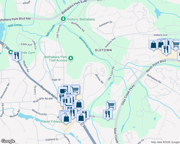 map of restaurants, bars, coffee shops, grocery stores, and more near 1670 Woods Road in Winston-Salem