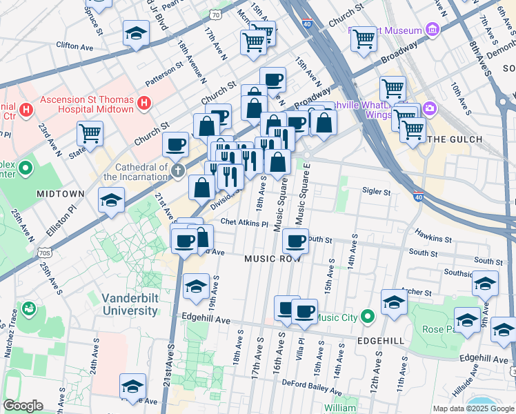 map of restaurants, bars, coffee shops, grocery stores, and more near 807 18th Avenue South in Nashville