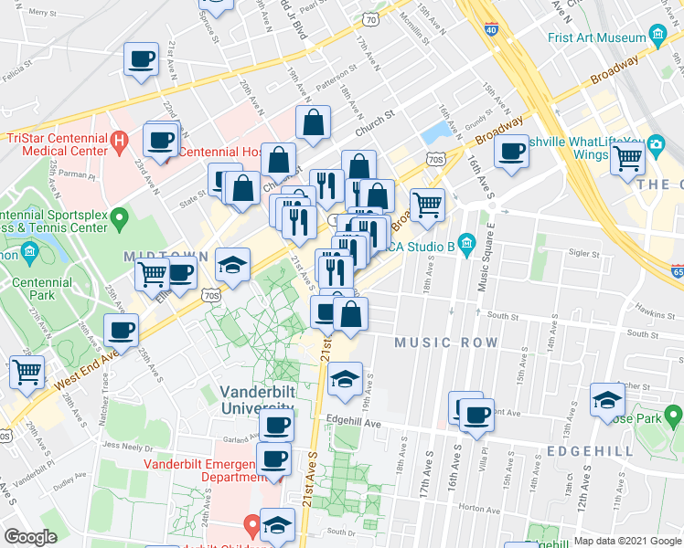map of restaurants, bars, coffee shops, grocery stores, and more near 2005 Terrace Place in Nashville