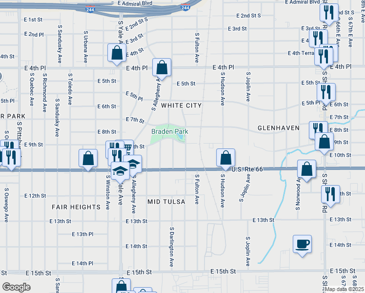 map of restaurants, bars, coffee shops, grocery stores, and more near 5302 E 9th St East Avenue in Tulsa
